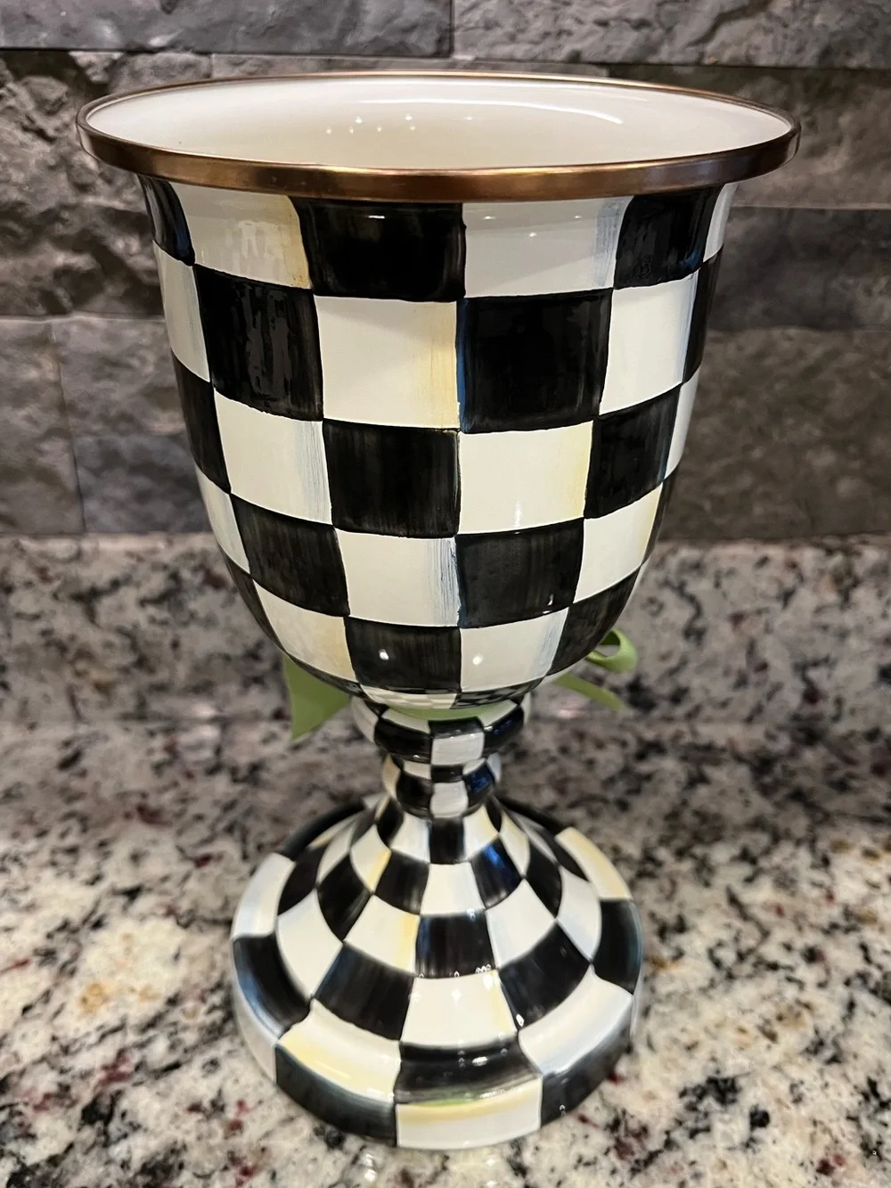 Mackenzie-Childs Courtly Check Enamel Pedestal Vase with Lime Green Bow. EUC.